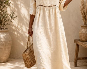 Damen Baumwolle Maxi Kleid V Ausschnitt Lässig Locker Boho Sommer Strand Langes Kleid