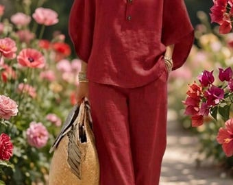 Women’s Cotton Linen Matching Set, Loose Button Top and Wide Leg Pants Outfit