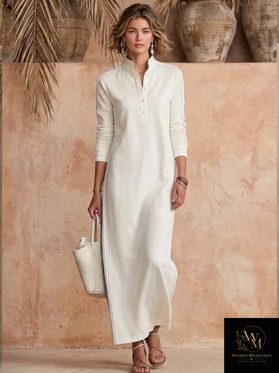 Women’s Cotton Maxi Dress | Long Sleeve Casual Vacation Outfit | Button Neck Relaxed Fit Dress
