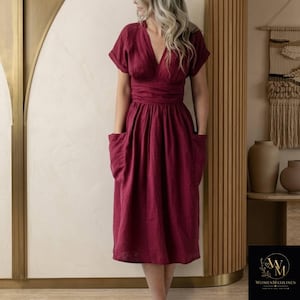 Women’s Cotton Linen Midi Dress | V Neck Casual Dress with Pockets | Short Sleeve Vacation Outfit