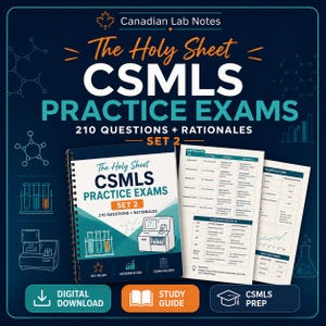 May include: A spiral-bound study guide titled The Holy Sheet CSMLS Practice Exams Set 2, featuring 210 questions and rationales. The cover displays laboratory equipment graphics, and two reference sheets show electrolyte and blood glucose tables.