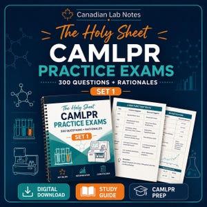 May include: A spiral-bound study guide titled The Holy Sheet CAMLPR PRACTICE EXAMS SET 1 with 300 questions and rationales. The cover features laboratory equipment illustrations, and the set includes printed pages showing liver function test tables.