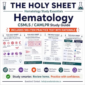 May include: A hematology study guide titled The Holy Sheet featuring four sections: RBC & WBC Morphology, Peripheral Blood Smear, CBC Essentials, and Coagulation & Hemostasis. It includes diagrams, tables, and a 100-item practice test with rationale.
