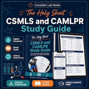 May include: A digital study guide for CSMLS and CAMLPR exams, featuring a book cover, a tablet, and a smartphone displaying laboratory reference charts. The dark blue background includes icons of test tubes, a microscope, and molecular structures.