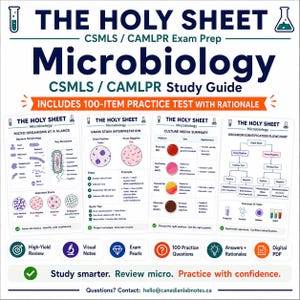 May include: A digital study guide titled THE HOLY SHEET Microbiology CSMLS / CAMLPR Exam Prep. It features four pages covering micro-organisms, Gram stain interpretation, culture media, and identification flowcharts with 100 practice questions.