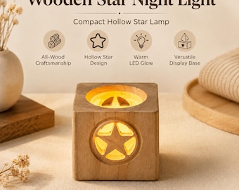Wooden Star Night Light, Compact Hollow Lamp, Warm LED Glow, Versatile Display Base
