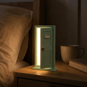 Op de afbeelding: Een lichtgroene, rechthoekige tafellamp in de vorm van een halfopen deur. De lamp is voorzien van een kleine, ronde knop en een rechthoekig plaatje met een pootafdrukontwerp op het deurpaneel. Het straalt een warm, helder licht uit.