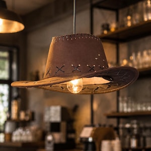 Puede incluir: Una lámpara colgante con forma de sombrero de vaquero marrón que presenta costuras decorativas negras a lo largo de la copa y el ala. El sombrero está suspendido por un cable negro y contiene una bombilla expuesta centrada bajo el ala.