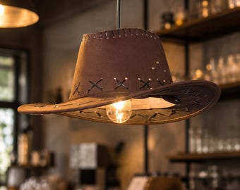 Hand-sewn Cowboy Hat Pendant Light, Farm Decoration,Western Stitching, Rustic Cafe Bar Decor,washable