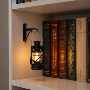 May include: A black metal wall-mounted lantern hook holding a small black lantern with a glowing warm light. The lantern hangs by a silver wire handle next to a row of five hardcover books with gold embossed spines on a white shelf.