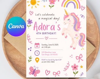 May include: A birthday invitation card featuring a white background with a colorful unicorn illustration, a rainbow, sun, flowers, and a butterfly. The text reads: Let's celebrate a magical day! Adora's 4TH BIRTHDAY! Sunday, June 8, 2025 at 1:00 pm.