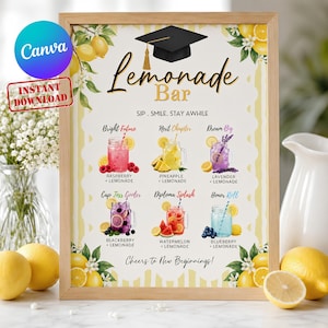 Puede incluir: Un letrero enmarcado de barra de limonada para graduación con un birrete negro, el texto Lemonade Bar y seis ilustraciones de bebidas etiquetadas como Bright Future, Next Chapter, Dream Big, Cap Toss Cooler, Diploma Splash y Honor Roll.