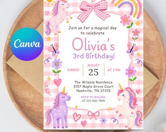 May include: A rectangular birthday invitation card featuring a pink gingham background, illustrations of three unicorns, a rainbow, flowers, butterflies, and hearts. The text reads: Join us for a magical day to celebrate Olivia's 3rd Birthday!