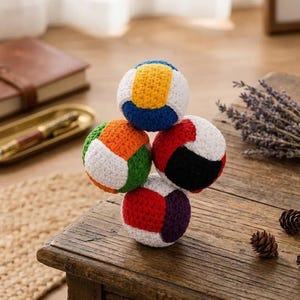 May include: A stack of four crocheted balls, each featuring a multi-coloured geometric pattern. The balls are constructed from yarn in various colours including yellow, blue, white, orange, green, red, black, and purple, arranged in segments.