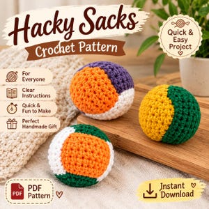 Puede incluir: Tres pelotas de crochet esféricas con patrones de hilo multicolor en naranja, morado, blanco, amarillo y verde. La imagen incluye el texto: Hacky Sacks Crochet Pattern, Quick & Easy Project, For Everyone, Clear Instructions, Quick & Fun to Make, Perfect Handmade Gift, PDF Pattern e Instant Download.