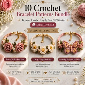 Häkelarmband-Anleitungspaket (PDF), 10 florale Armbandmuster, Häkelanleitung für Gänseblümchen- und Schmetterlingsschmuck, DIY-Geschenk zum Download
