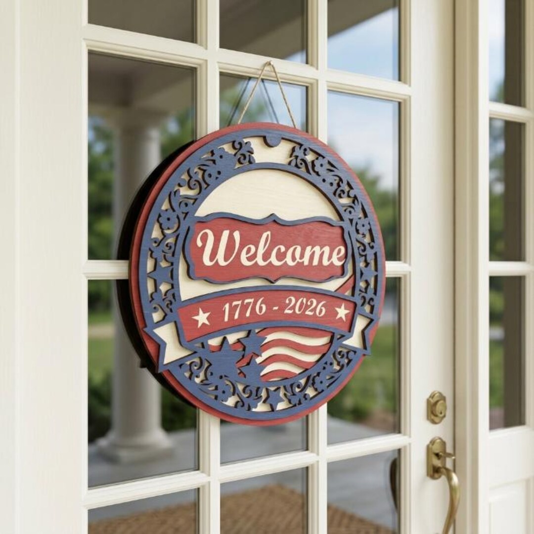 America 250 Welcome Sign SVG, Patriotic Door Hanger Laser Cut File ...