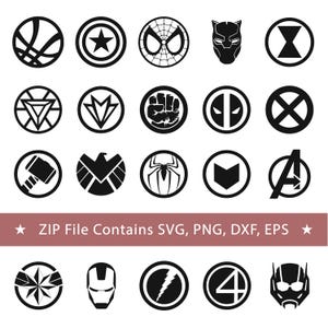 Puede incluir: Una colección de logotipos de superhéroes en blanco y negro en marcos circulares. La imagen incluye logotipos de Spider-Man, Capitán América, Pantera Negra y otros. El texto en la parte inferior dice "ZIP File Contains SVG, PNG, DXF, EPS."