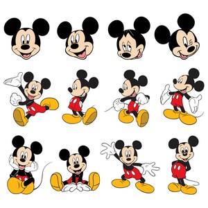 K&ouml;nnte beinhalten: Eine Sammlung von Mickey Mouse-Illustrationen in verschiedenen Posen. Mickey wird mit seinen charakteristischen schwarzen Ohren, roten Shorts, gelben Schuhen und wei&szlig;en Handschuhen dargestellt. Die Bilder zeigen Mickeys Gesicht und seinen ganzen K&ouml;rper in verschiedenen Posen und Ausdr&uuml;cken.