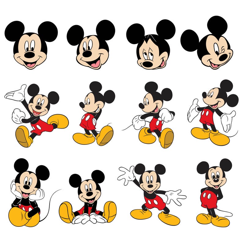 K&ouml;nnte beinhalten: Eine Sammlung von Mickey Mouse-Illustrationen in verschiedenen Posen. Mickey wird mit seinen charakteristischen schwarzen Ohren, roten Shorts, gelben Schuhen und wei&szlig;en Handschuhen dargestellt. Die Bilder zeigen Mickeys Gesicht und seinen ganzen K&ouml;rper in verschiedenen Posen und Ausdr&uuml;cken.
