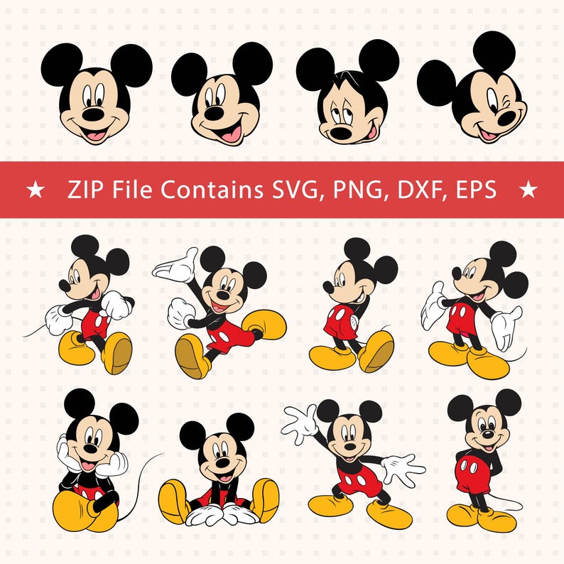 K&ouml;nnte beinhalten: Digitale Datei mit Mickey Mouse-Illustrationen. Das Bild zeigt Mickey Mouse in verschiedenen Posen, einschlie&szlig;lich seines Gesichts und Ganzk&ouml;rperdarstellungen. Mickey tr&auml;gt seine ikonischen roten Shorts, gelben Schuhe und wei&szlig;en Handschuhe. Text: ZIP File Contains SVG, PNG, DXF, EPS.