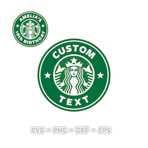 以下が含まれることがあります： 緑と白のカスタムロゴデザイン。人魚のエンブレム、星、そして「CUSTOM TEXT」の文字が特徴です。ロゴの小さいバージョンには「AMELIA'S 16th BIRTHDAY」と書かれています。画像の下部には「SVG - PNG - DXF - EPS」と表示されています。