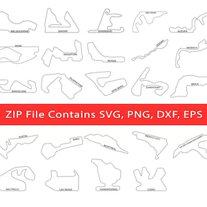 Könnte beinhalten: Schwarz-Weiß-Illustrationen von Formel-1-Rennstrecken, darunter Melbourne, Sakhir und Shanghai. Der Text "ZIP File Contains SVG, PNG, DXX, EPS" ist auf einem roten Banner zu sehen.
