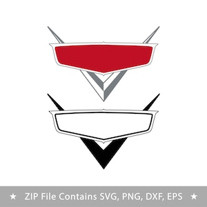 Op de afbeelding: Twee gestileerde auto-embleemontwerpen. Het bovenste embleem is rood met een grijze en witte omtrek, en het onderste embleem is wit met een zwarte omtrek. Beide hebben een driehoekige vorm eronder. De tekst onderaan luidt "ZIP File Contains SVG, PNG, DXF, EPS".