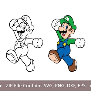 May include: A digital illustration of Luigi, a character from the Super Mario Bros. video game series, in two versions: one in color and one in black and white. The color version features Luigi in his signature green hat and shirt, blue overalls, and brown shoes. The text "ZIP File Contains SVG, PNG, DXF, EPS" is at the bottom.