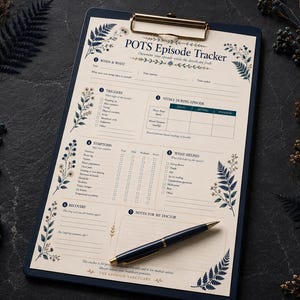 Puede incluir: Un portapapeles con un formulario "POTS Episode Tracker" crema. El formulario incluye secciones para el seguimiento de síntomas, desencadenantes y recuperación. El diseño incorpora ilustraciones florales y de helechos en azul marino. Un bolígrafo azul marino descansa sobre el papel.