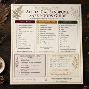 Puede incluir: Una guía impresa titulada "ALPHA-GAL SYNDROME SAFE FOODS GUIDE" con listas de alimentos a evitar, verificar primero y opciones seguras. La guía está sobre una superficie de madera con elementos decorativos.