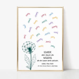 May include: A framed print featuring a dark green dandelion illustration with seeds blowing away, each labelled with a name in various colours. The text reads: LEHRER s&auml;en Samen des WISSENS. die ein Leben lang wachsen. DANKE. FRAU RAMI! St. Anne Schule. Klasse 3. 2025/2026.
