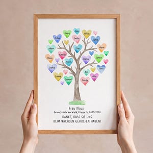 May include: A framed print featuring a watercolour tree with colourful heart-shaped leaves, each inscribed with a name. Below the tree, the text reads: Frau Klaus, Grundschule am Wald, Klasse 1b, 2025/2026, DANKE, DASS SIE UNS BEIM WACHSEN GEHOLFEN HABEN!
