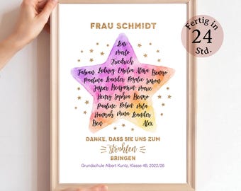 Personalisierbares Lehrer Geschenk | Abschiedsgeschenk Grundschule | Danke Lehrerin Poster | Digitaler Download | Geschenkidee Klasse Stern