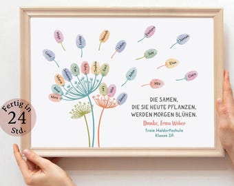 Personalisierte Lehrer Geschenk | Digitaler Druck Pusteblume mit Namen | Abschiedsgeschenk Grundschule Kita | Fingerabdruck Bild Geschenk