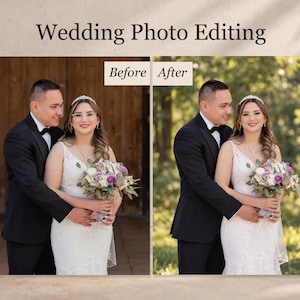 Puede incluir: Una comparación lado a lado titulada Wedding Photo Editing con secciones Before y After. Las imágenes muestran a una pareja con vestimenta de boda, la novia sostiene un ramo de flores blancas y moradas, demostrando una corrección de color.