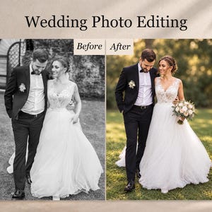 Könnte beinhalten: Ein geteilter Bildschirm mit der Überschrift Wedding Photo Editing und den Abschnitten Before und After. Die linke Seite zeigt ein Schwarz-Weiß-Bild eines Paares beim Gehen, während die rechte Seite dasselbe Bild in Farbe mit natürlichem Licht zeigt.