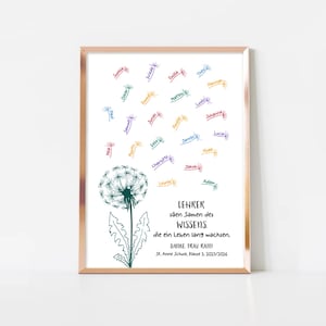 May include: A framed print featuring a dark green dandelion illustration with seeds blowing away, each attached to a colourful name. The text reads: LEHRER s&auml;en Samen des WISSENS. die ein Leben lang wachsen. DANKE. FRAU RAIM! St. Anne Schule, klasse 3. 2025/2026.