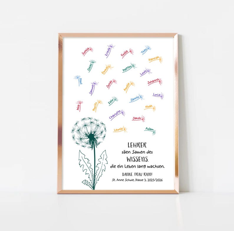May include: A framed print featuring a dark green dandelion illustration with seeds blowing away, each attached to a colourful name. The text reads: LEHRER s&auml;en Samen des WISSENS. die ein Leben lang wachsen. DANKE. FRAU RAIM! St. Anne Schule, klasse 3. 2025/2026.