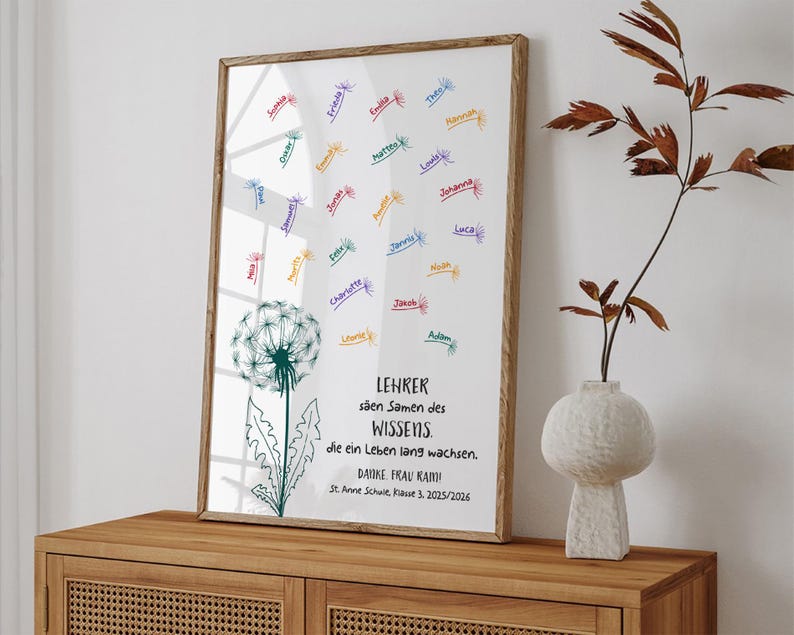 May include: A framed vertical poster featuring a dark green dandelion illustration with seeds blowing away, each labelled with a name in various colours. The text reads: LEHRER s&auml;en Samen des WISSENS. die ein Leben lang wachsen. DANKE FRAU RAMI! St. Anne Schule, Klasse 3, 2025/2026.