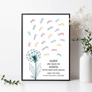 May include: A framed print featuring a dark green dandelion illustration with seeds blowing away, each labelled with a name in various colours. The text reads: LEHRER s&auml;en Samen des WISSENS. die ein Leben lang wachsen. DANKE. FRAU RAIN! St. Anne Schule, klasse 3. 2025/2026.