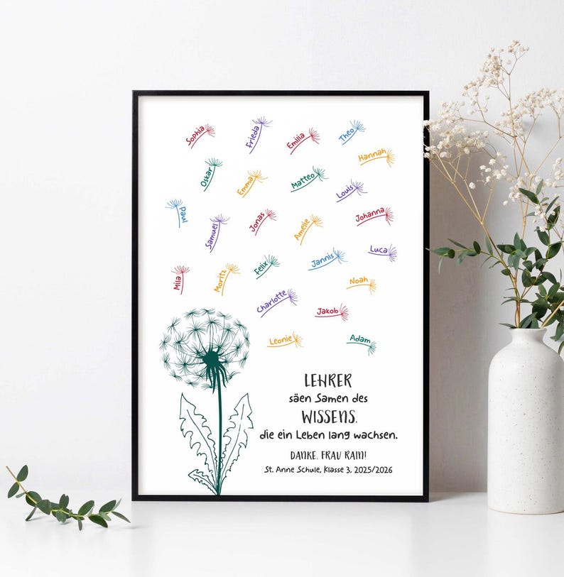 May include: A framed print featuring a dark green dandelion illustration with seeds blowing away, each labelled with a name in various colours. The text reads: LEHRER s&auml;en Samen des WISSENS. die ein Leben lang wachsen. DANKE. FRAU RAIN! St. Anne Schule, klasse 3. 2025/2026.
