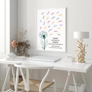 May include: A white framed wall art print featuring a green dandelion illustration with colourful seeds floating upward, each attached to a name. The text reads: LEHRER s&auml;en Samen des WISSENS. die ein Leben lang wachsen. DANKE FRAU KARI St. Anne Schule 3. 2025/2026.