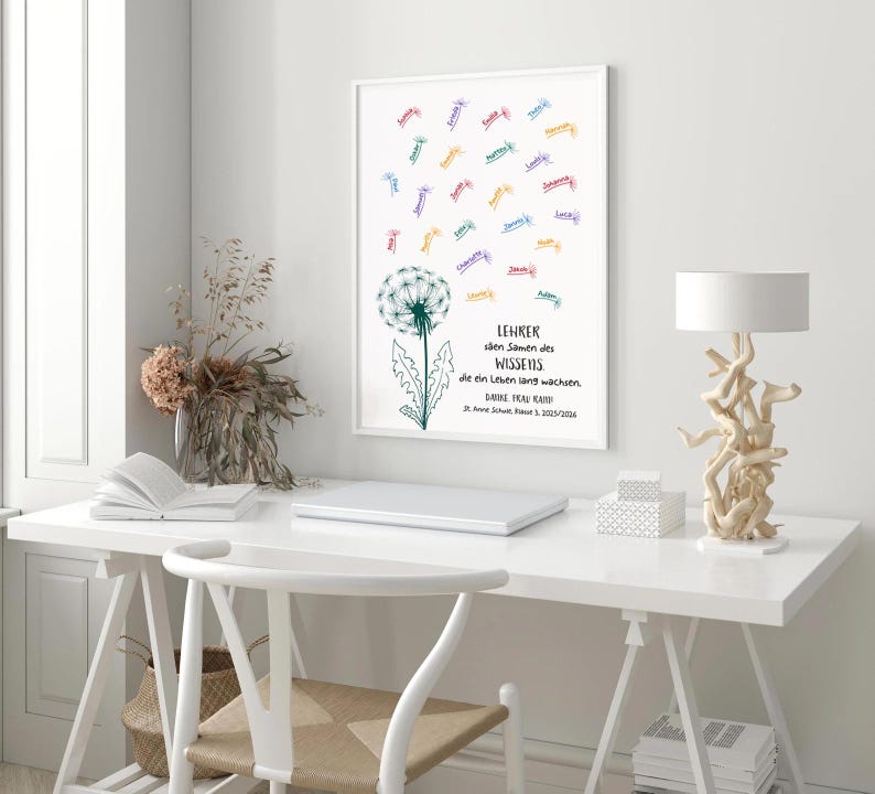 May include: A white framed wall art print featuring a green dandelion illustration with colourful seeds floating upward, each attached to a name. The text reads: LEHRER s&auml;en Samen des WISSENS. die ein Leben lang wachsen. DANKE FRAU KARI St. Anne Schule 3. 2025/2026.