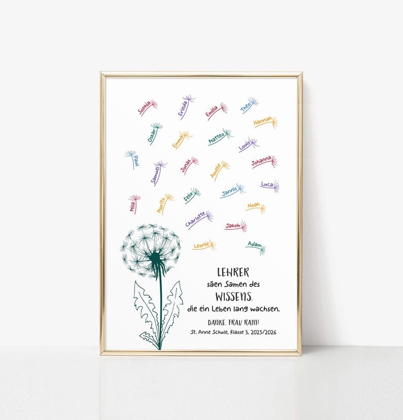 May include: A framed print featuring a dark green dandelion illustration with seeds blowing away, each labelled with a name in various colours. The text reads: LEHRER s&auml;en Samen des WISSENS. die ein Leben lang wachsen. DANKE. FRAU RAMI! St. Anne Schule. Klasse 3. 2025/2026.