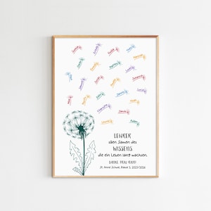 May include: A framed print featuring a dark green dandelion illustration with seeds blowing away. Each seed is attached to a colourful name. The text reads: LEHRER s&auml;en Samen des WISSENS. die ein Leben lang wachsen. DANKE, FRAU RAIN! St. Anne Schule, klasse 3. 2025/2026.