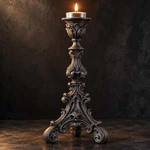May include: A dark gray, ornate candlestick holder with intricate scrollwork and floral carvings, featuring a wide, tripod-style base and a top platform holding a single, lit tea light candle with a warm, glowing flame.