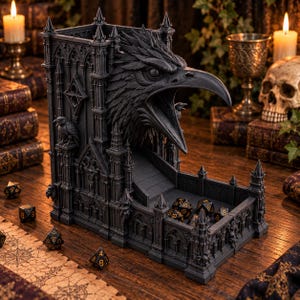 May include: A dark gray dice tower featuring a large, sculpted raven head with an open beak at the top. The structure is designed with intricate gothic architectural details, including pointed arches and spires, and contains several polyhedral dice.