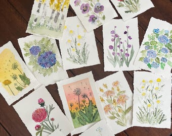 Scegli 2 dipinti botanici originali ad acquerello a tua scelta / Arte floreale fatta a mano 4x6 / Decorazione murale con fiori selvatici / Arte naturalistica in stile cottagecore