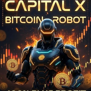 May include: Digital art featuring a futuristic robot holding Bitcoin coins, with the text "CAPITAL X BITCOIN ROBOT" and "400% PLUS PROFIT LIVE RESULTS". The background includes binary code and a fiery effect.